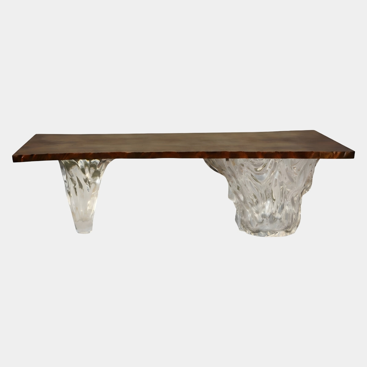 Brown Live Edge Timber & Clear Resin Dining Table, 230cm, with a live-edge wood top on two fluted trumpet legs, shown on a plain white background.