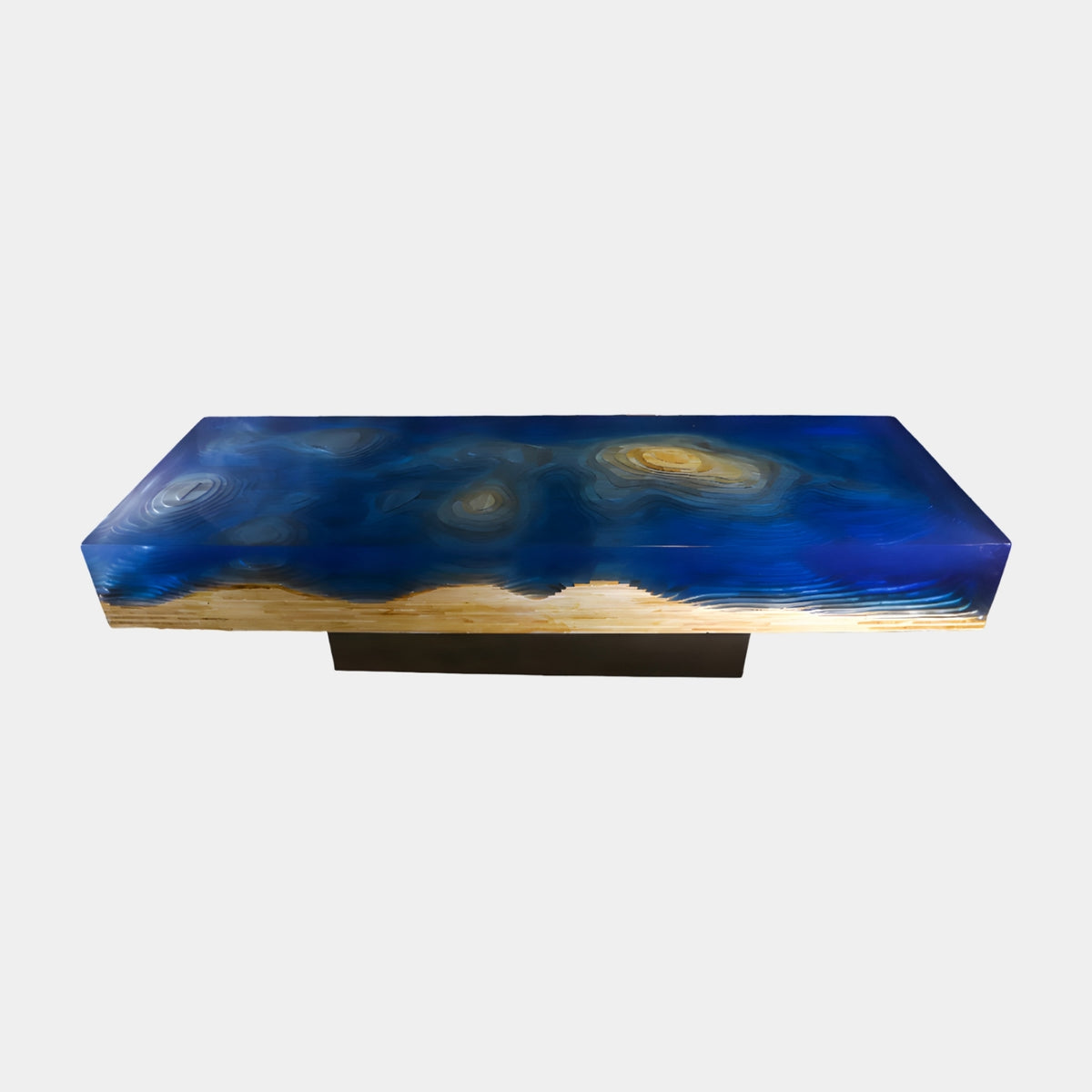 Blue Nebula Resin & Stacked Timber Dining Table - 300cm with swirling blue resin top over pale stacked wood, set on a dark base, shown on a plain white background.