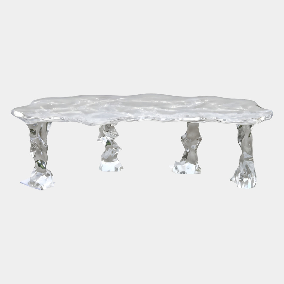Clear Water Sheet Four Ice Leg Resin Dining Table (240cm) with rippled clear resin top and four irregular ice-like legs on splash feet, shown against a plain white background.