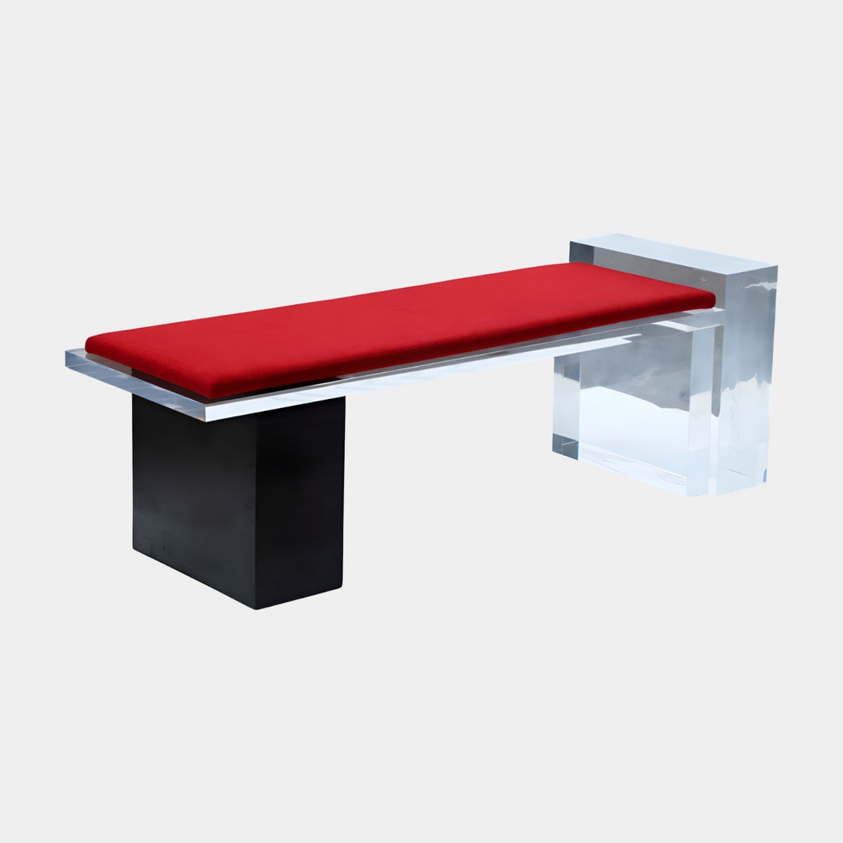 Red Pad Clear Acrylic & Black Plinth Bench, 135cm, with clear acrylic seat, red upholstered cushion, black block base, on a plain white background.