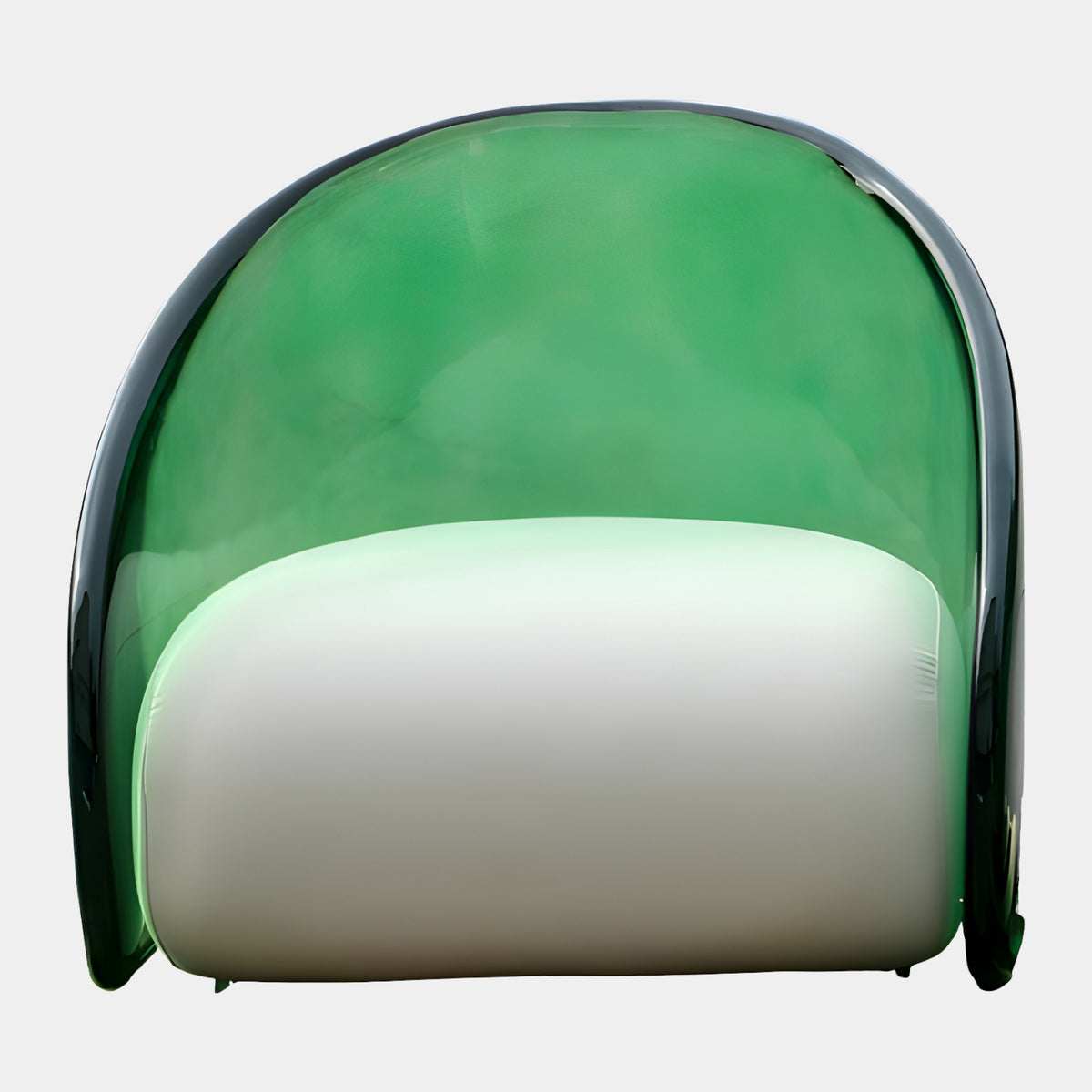 Green Arched Shell Cream Seat Resin Armchair - 84cm, with a translucent green resin arch shell framing a cream upholstered seat, on a plain white background.