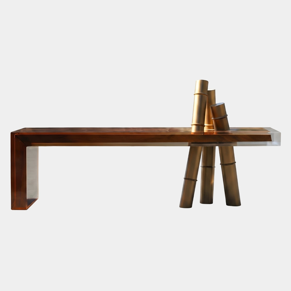 Brown Timber & Clear Resin Gold Bamboo Leg Console, 150cm, with gold bamboo-form canes piercing the slab and a clear resin edge, on a plain white background.
