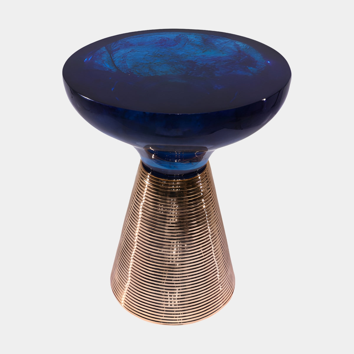 Blue Swirl Bowl Top Gold Cone Resin Side Table, 56cm, with a deep blue swirled bowl top on a ridged gold cone base, shown against a plain light grey background.