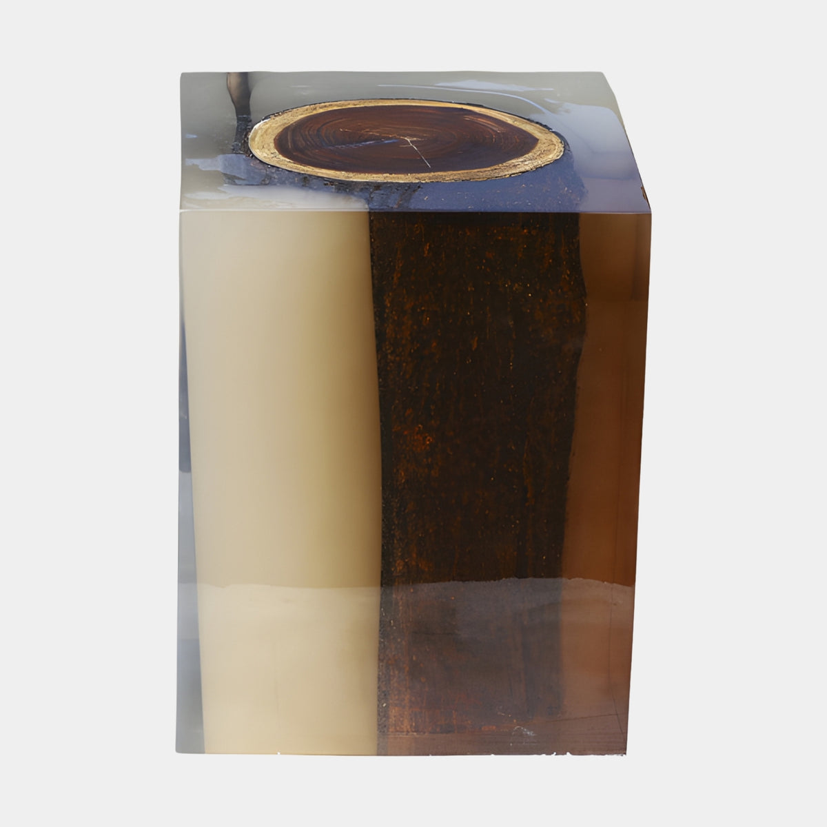 Brown Set Trunk Cream Cast Resin Block Stool, 45cm, cube-shaped with a barked trunk section and visible growth rings on top, cream-to-amber resin sides, on a plain white background.