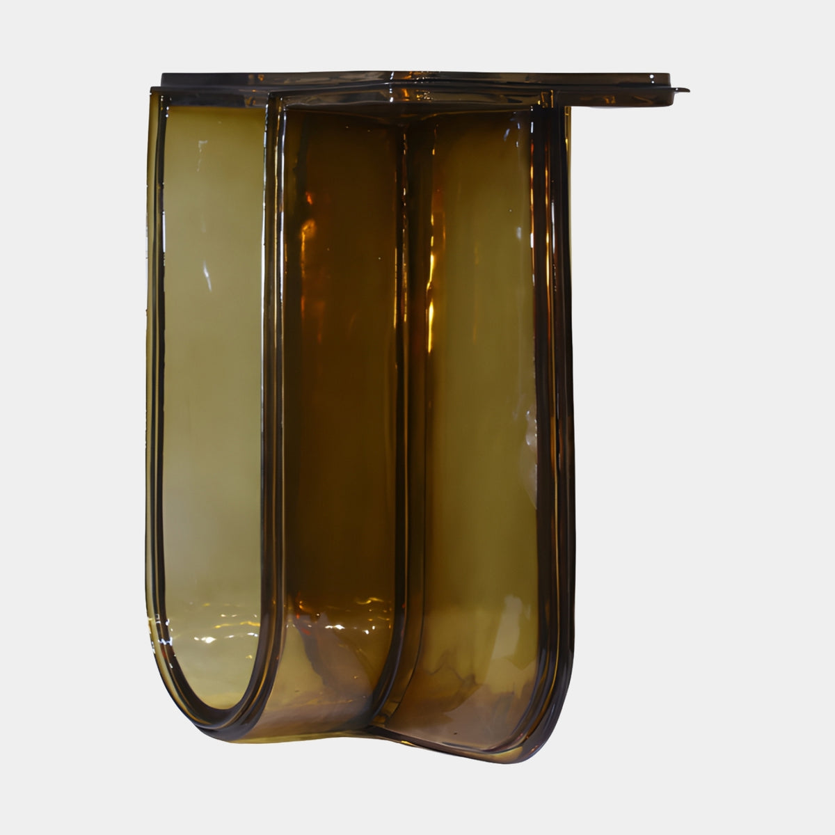 Olive Three Fold Leg Cast Resin Side Table, 55cm, with translucent amber-olive resin folded into three looping legs, shown against a plain white background.