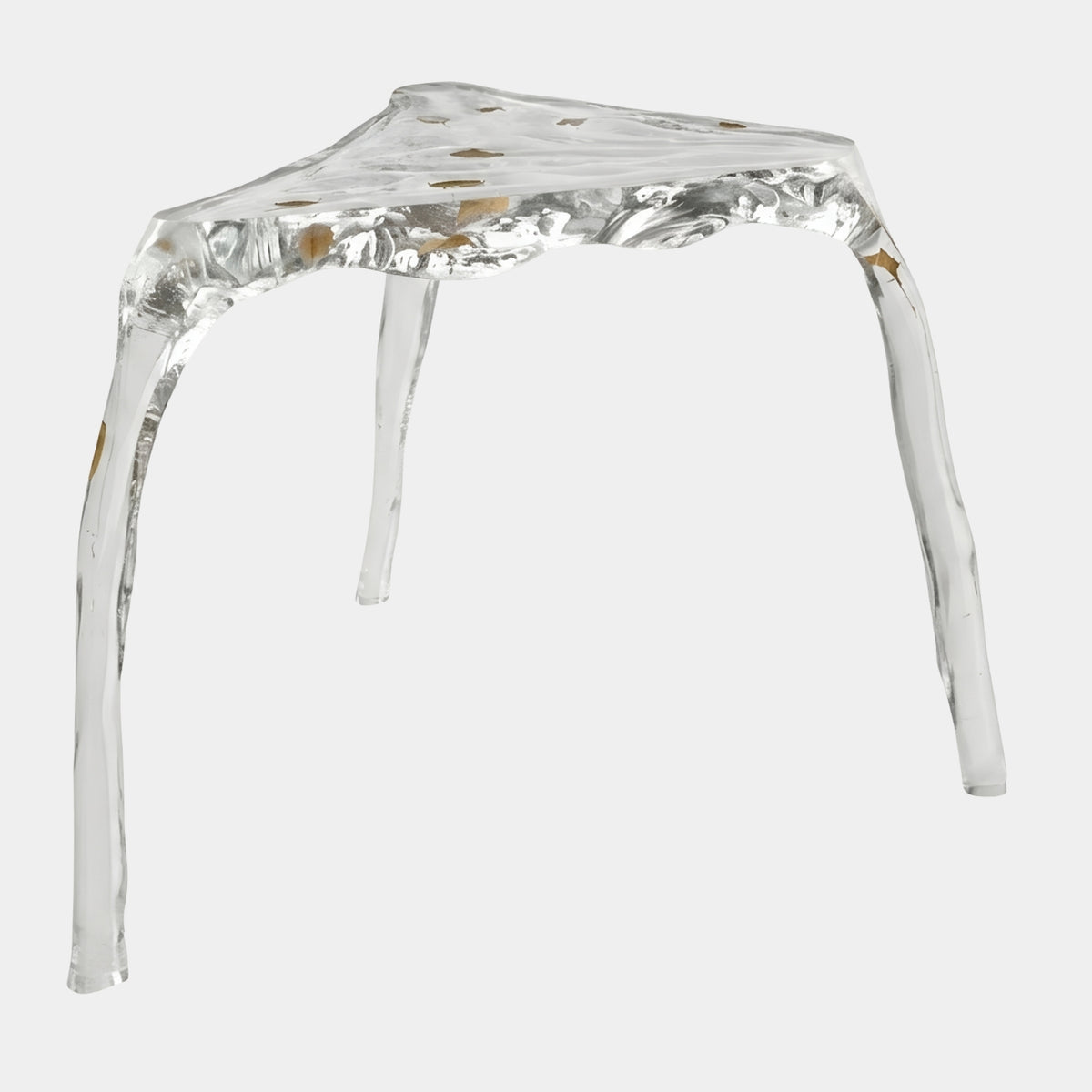 Clear Drawn Top Three Leg Cast Resin Table, 145cm, with triangular puckered top, curved tapering legs, and amber inclusions, on a plain white background.