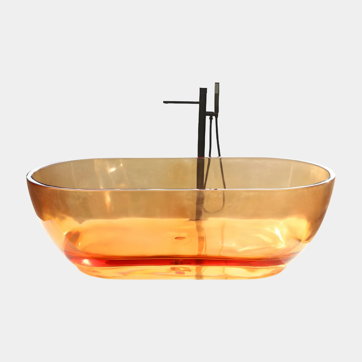 Amber Translucent Freestanding Cast Resin Bath, 167cm, with black floor-mounted faucet, set against a plain light grey background.