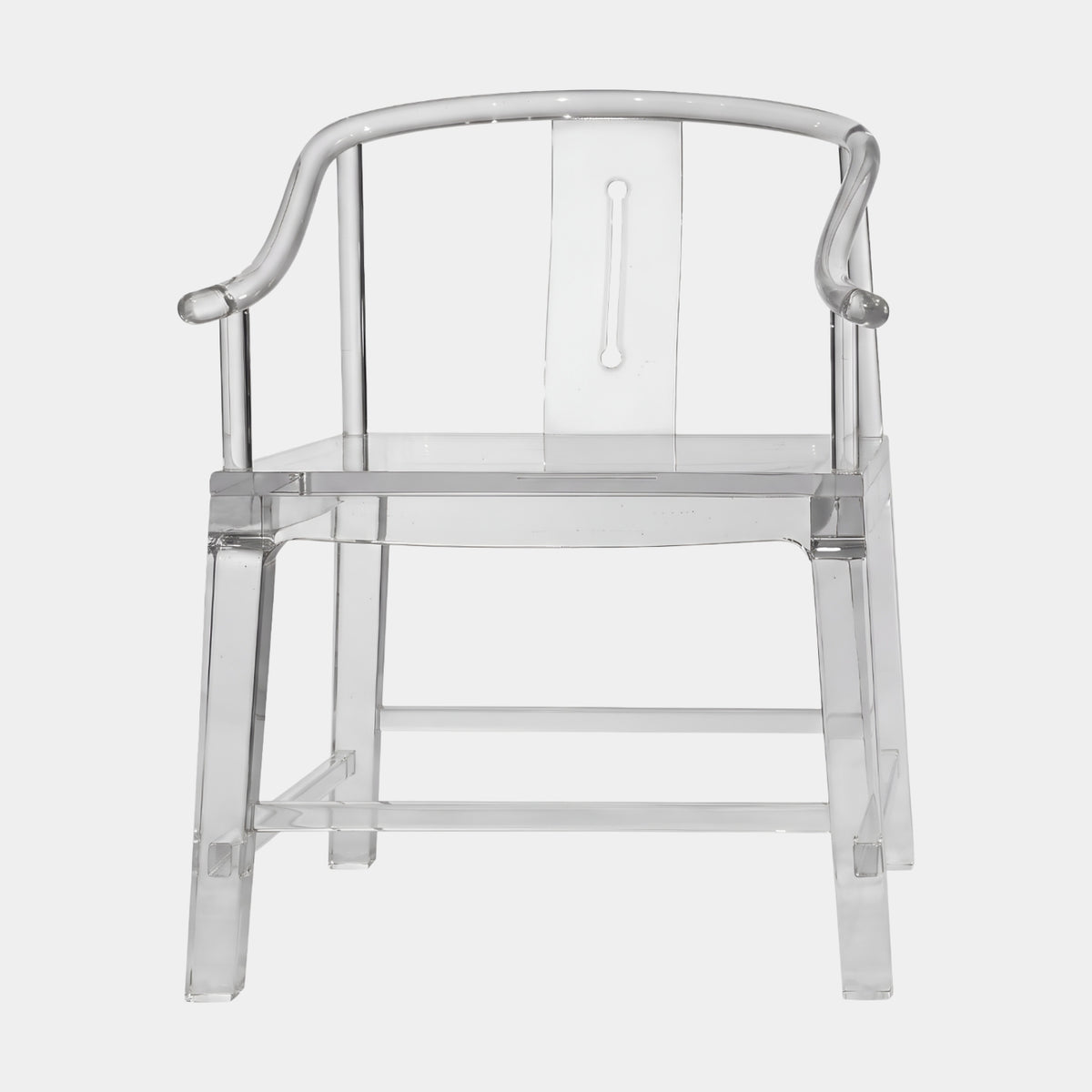 Clear Slotted Splat Acrylic Armchair, 80cm, horseshoe-back design with slotted splat and stretcher-braced legs, shown against a plain white background.
