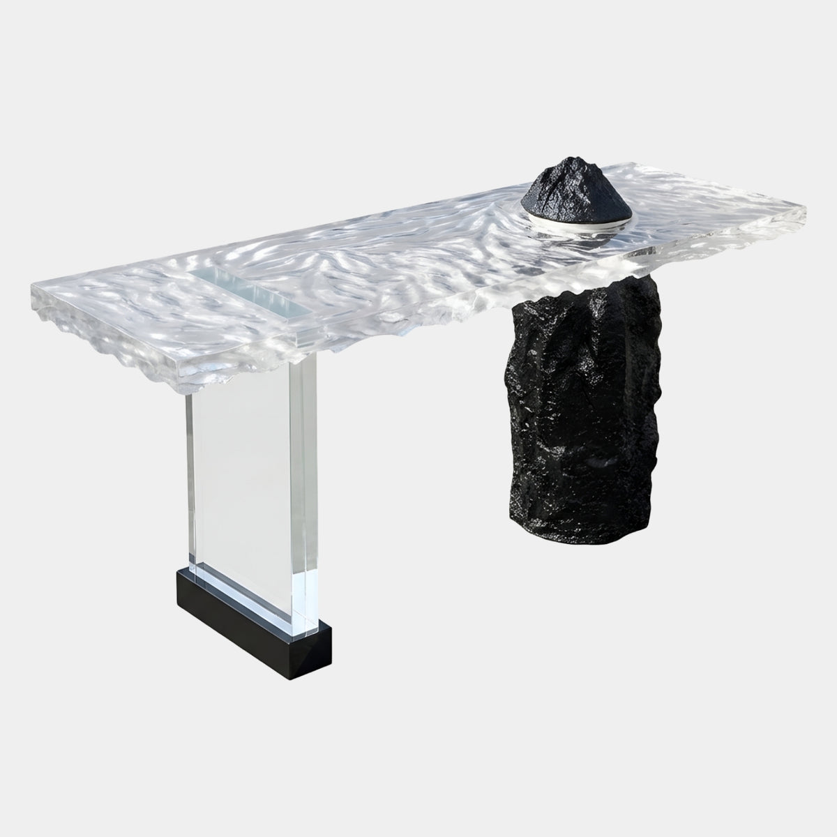Clear Slab Black Rock & Acrylic Blade Console, 175cm, with rippled clear resin top, acrylic blade leg on black base, black rock pedestal, and small black peak, shown on a white background.