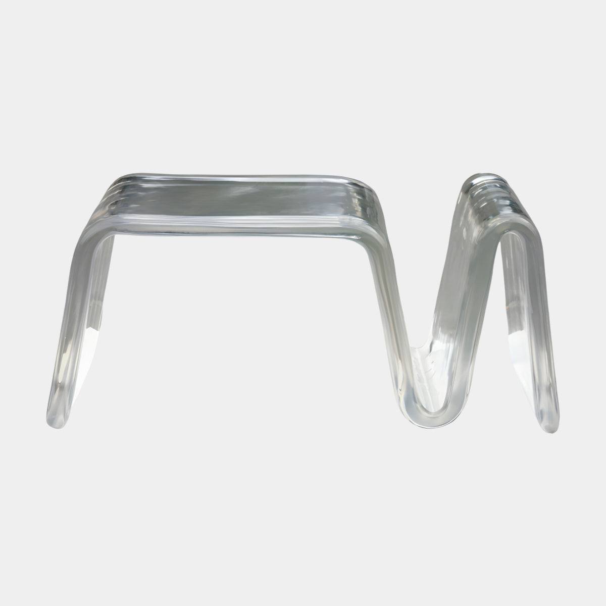 Clear Folded Ribbon Cast Resin Bench, 102cm, a glossy clear resin seat bent into a squared S-shape with no visible legs, shown on a plain white background.
