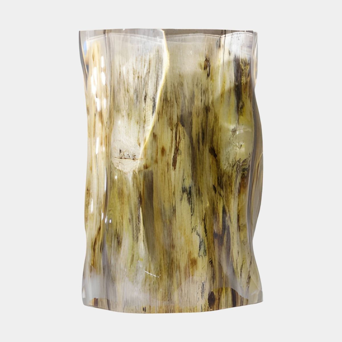 Debarked Log in Clear Resin Cast Stool - 45cm by Giant Sculptures, pale straw wood with dark brown grain streaks encased in clear resin, shown on a plain white background.