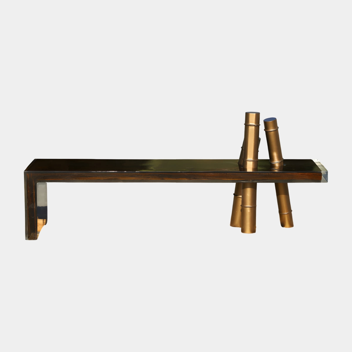 Brown Timber & Clear Resin Twin Gold Cane Console, 200cm, with dark polished wood top, clear resin end cap, and gold bamboo-form canes piercing through, shown on a plain white background.
