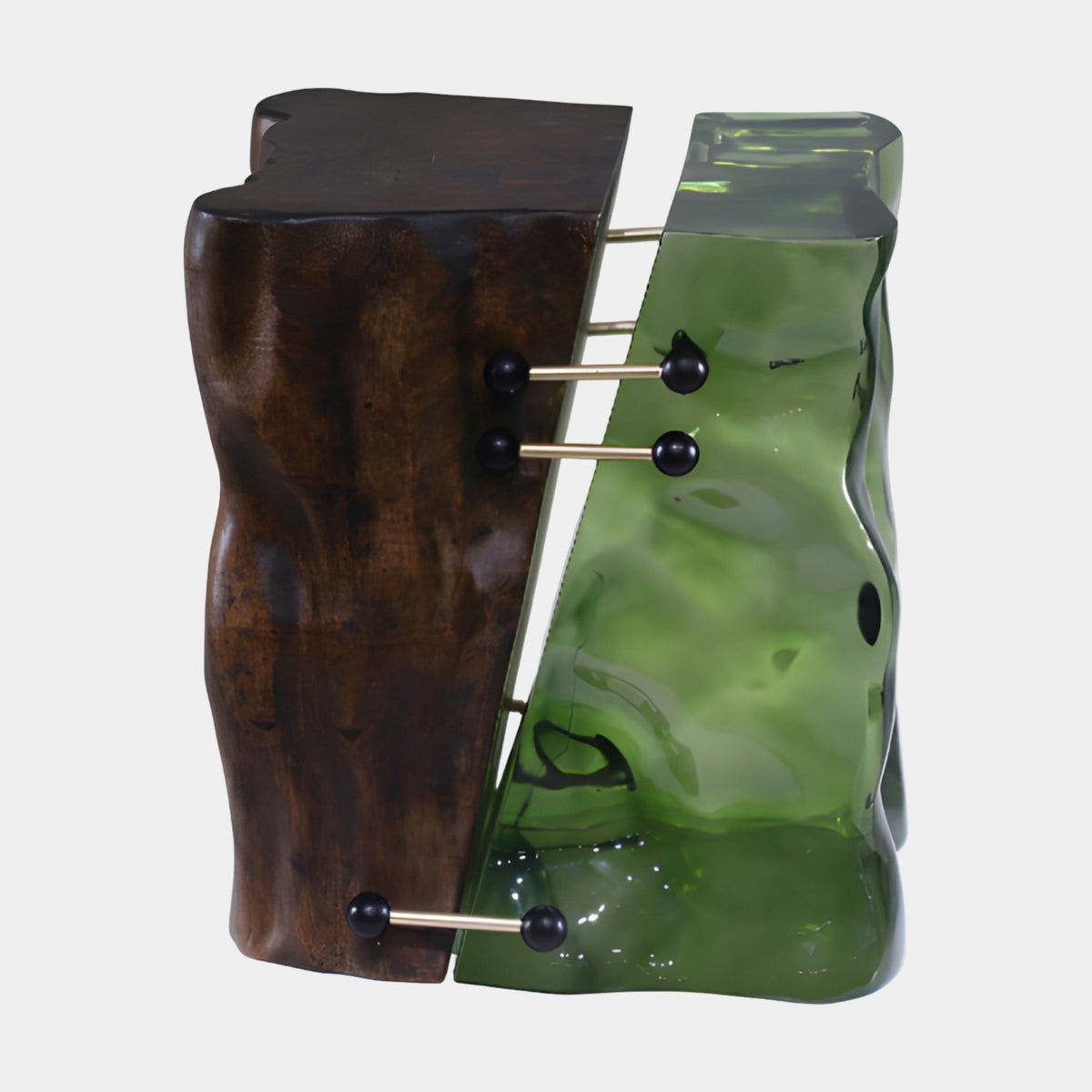 Half Timber Half Green Resin Pinned Stool, 42cm, split form with dark polished timber on one side and translucent green resin on the other, joined by black-capped metal rods, on a plain white background.