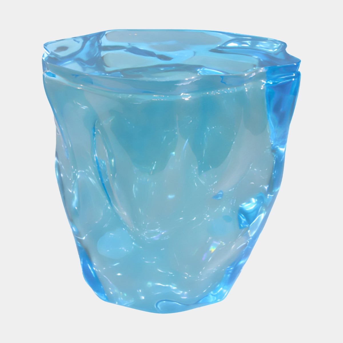 Cyan Molten Side Hollow Cast Resin Stool (40cm) by Giant Sculptures, drum-shaped with dripping molten texture in translucent blue resin, shown on a plain white background.