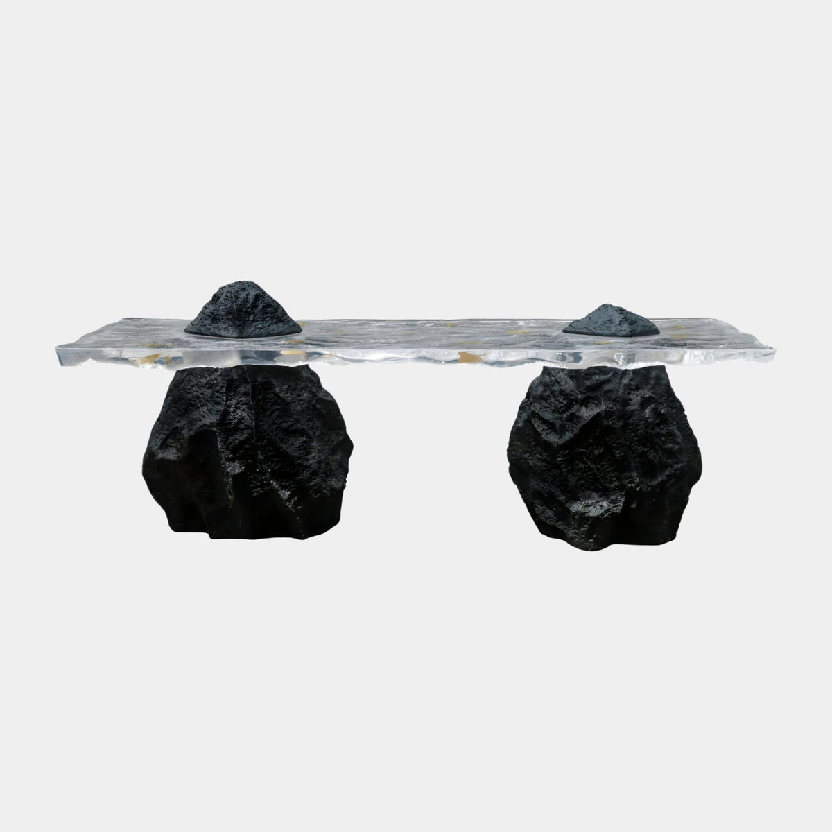 Gold Fleck Slab Twin Boulder Resin Console - 220cm, with a clear resin slab on two black rock boulders, two black peaks on top, gold flecks throughout, on a plain white background.