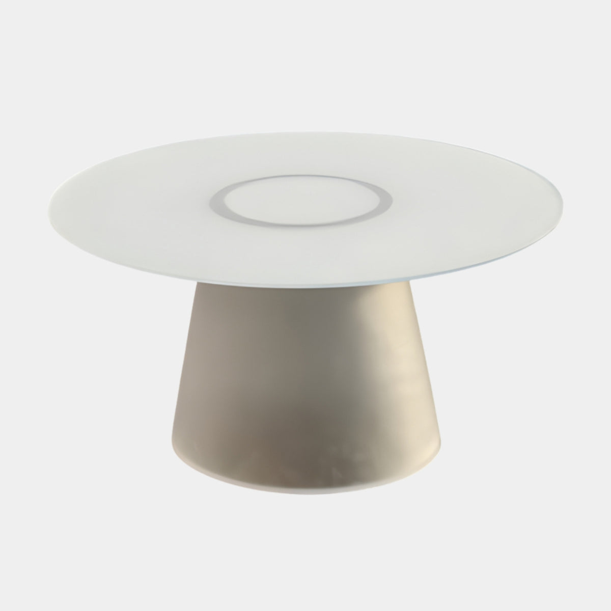 Frosted Glass Ring Top Resin Cone Base Table, 90cm, with a round frosted glass top and matt beige resin cone base, shown on a plain white background.