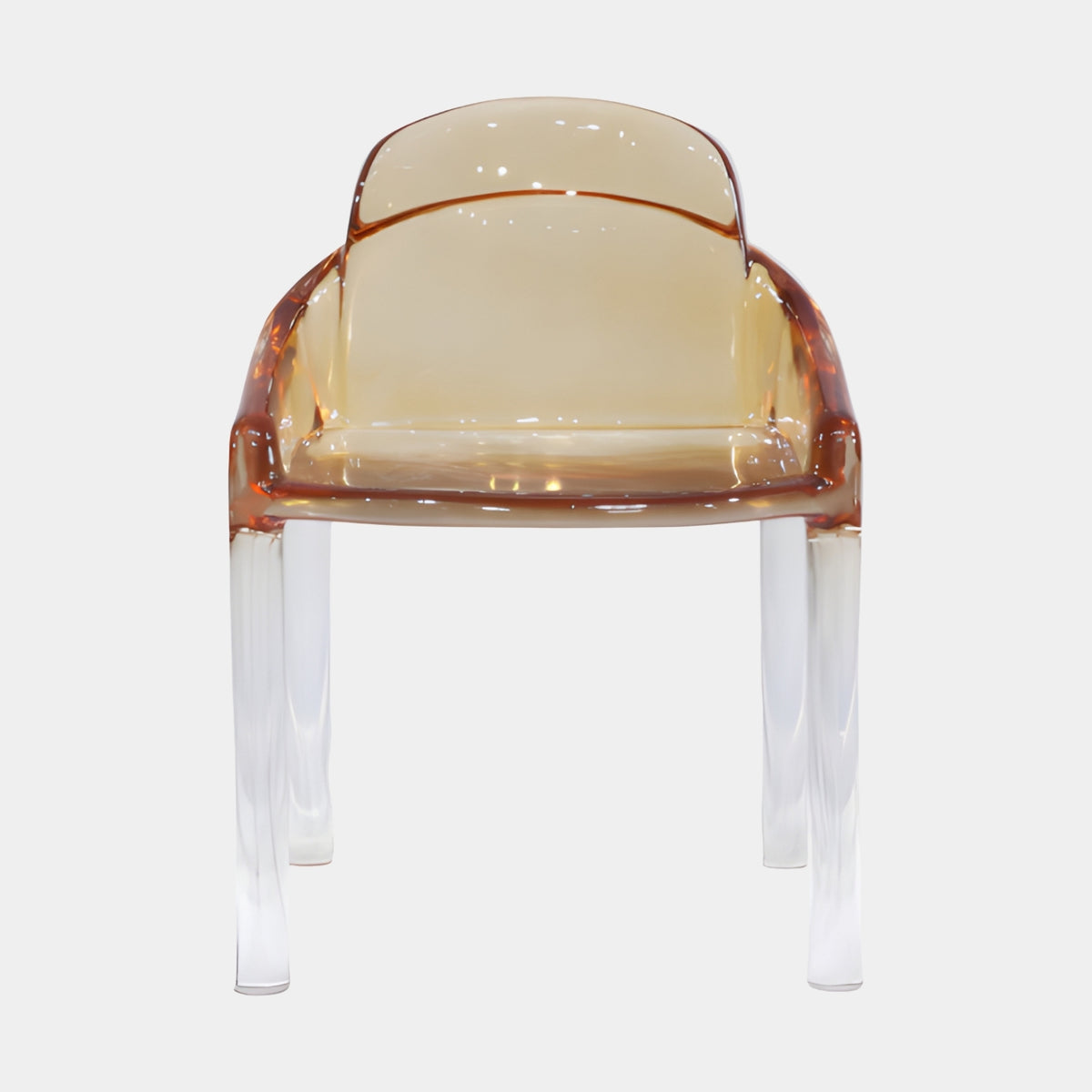 Amber Tub Shell Clear Leg Cast Resin Armchair, 77cm, one-piece amber resin shell on clear legs, shown against a plain white background.