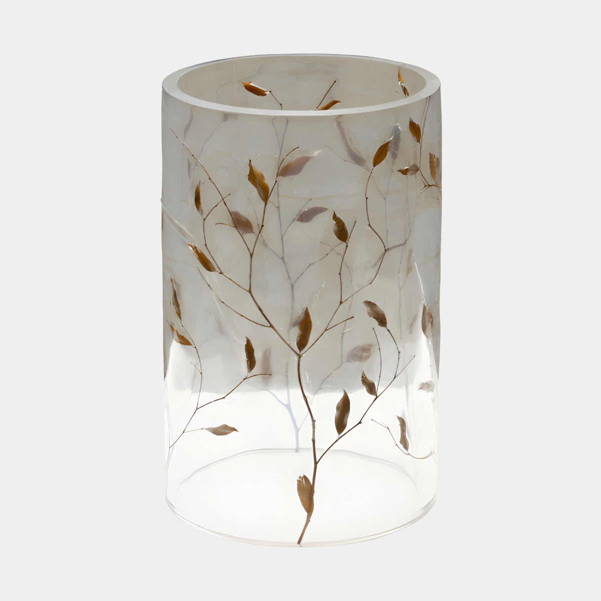 Clear Set Branch Hollow Cast Resin Table Column - 71cm, frosted cylinder with bronze leaf branches set into the wall, clearing at the base, on a plain white background.
