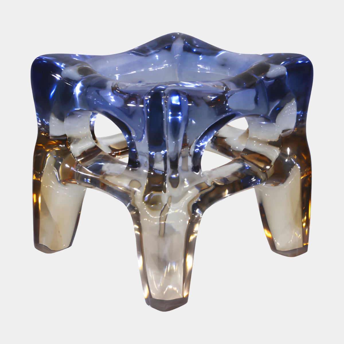 Blue to Amber Graded Splay Foot Resin Stool, 54cm, with arched webbed legs and a dished top, shown on a plain white background.