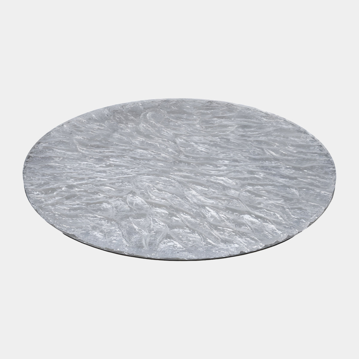 Clear Ripple Disc & Brown Fluted Steel Drum Low Table, 135cm, with a torn-edge resin top on a fluted brown steel drum base, shown on a plain grey background.