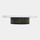 Clear Ripple Disc & Brown Fluted Steel Drum Low Table, 135cm, with a torn-edge resin top over a fluted brown steel drum base, shown on a plain white background.
