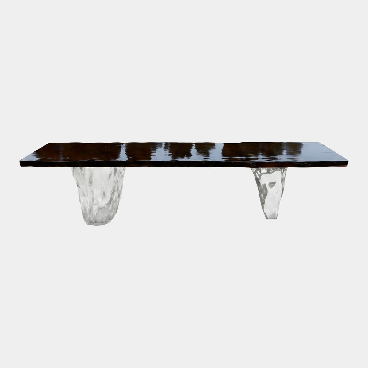 Dark Timber Slab Clear Trumpet Leg Dining Table, 300cm, with a live-edge dark wood top on two clear resin trumpet legs, shown on a plain white background.