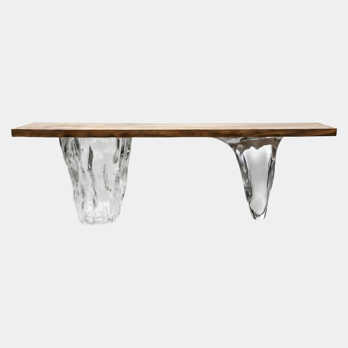 Honey Timber Slab Clear Trumpet Leg Dining Table, 240cm, with live-edge wood top on two clear resin trumpet legs, shown on a plain white background.