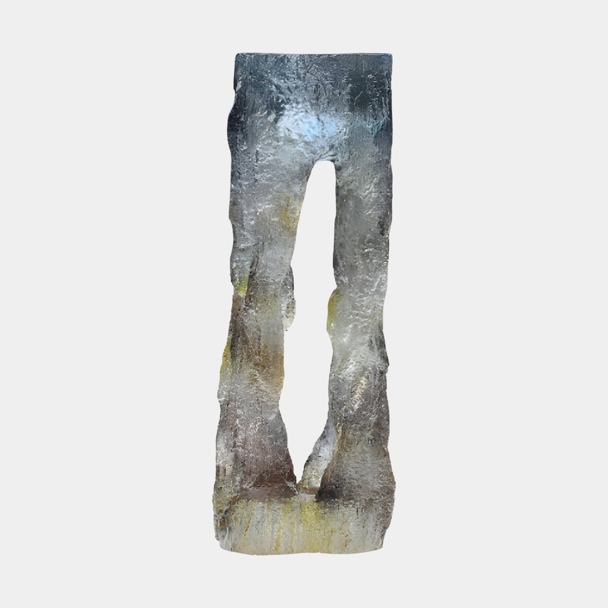 Grey Green Cleft Trunk Cast Resin Sculpture, 110cm, a split-trunk column with textured surface and vertical opening, slate-grey top fading to ochre-green base, on a plain white background.