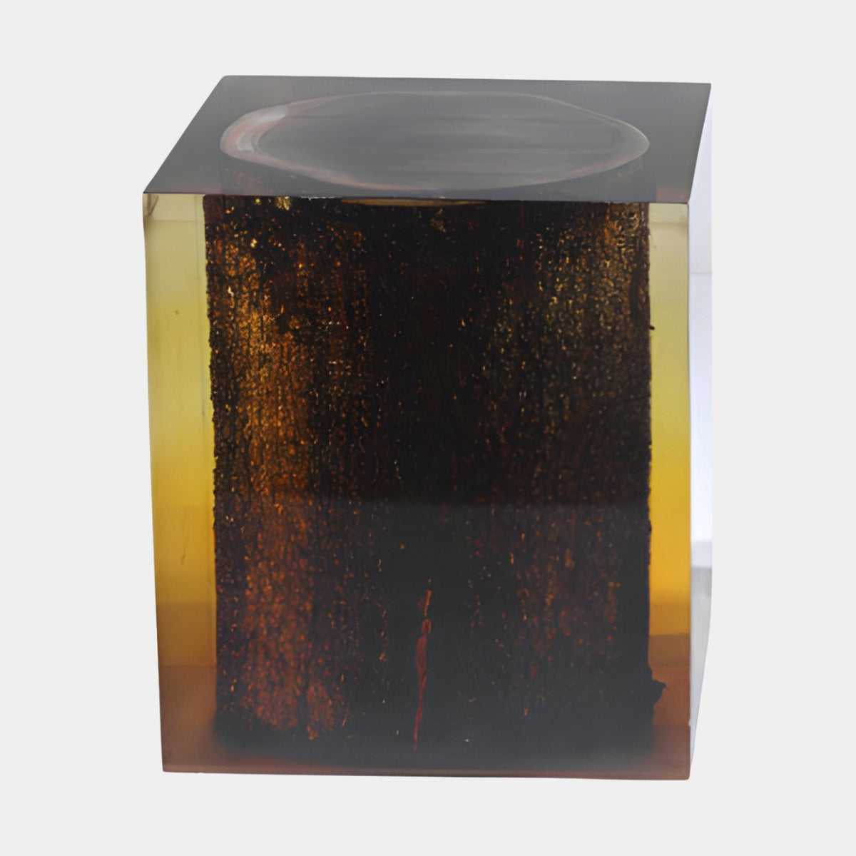 Charred Core Clear Cast Resin Block Side Table, 45cm, by Giant Sculptures, showing a dark charred wood core encased in amber-edged clear resin on a plain white background.