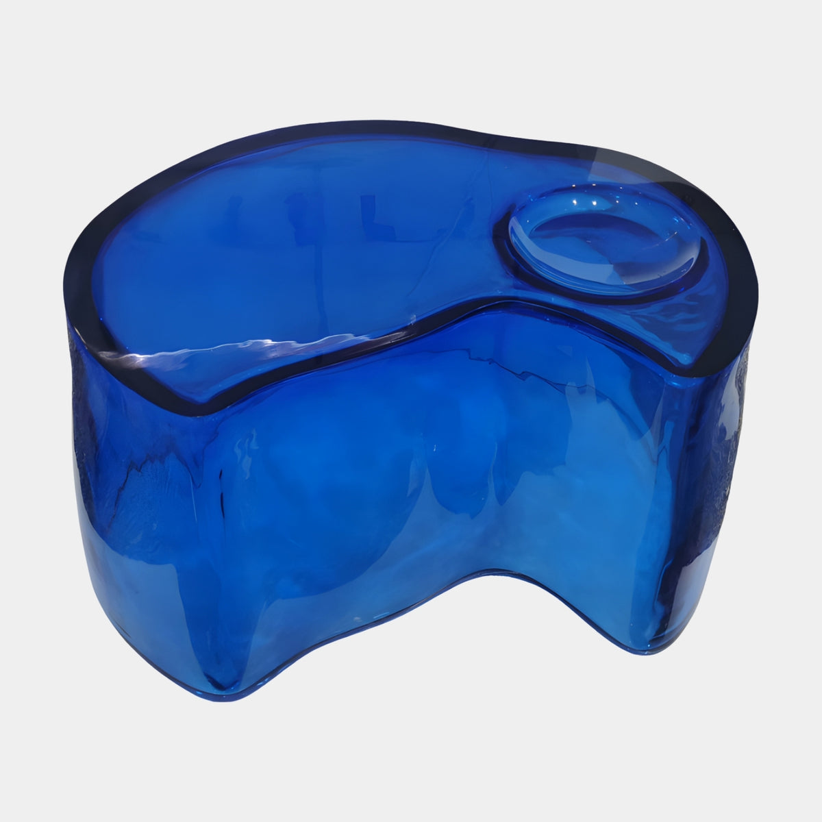 Cobalt Kidney Sunken Recess Resin Low Table, 90cm, kidney-shaped blue resin table with raised rim and circular recess, shown on a plain white background.