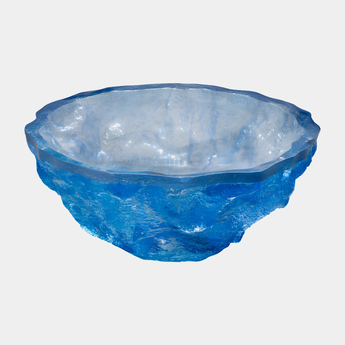 Blue Ice Texture Graded Cast Resin Bowl, 90cm, with rough icy exterior deepening from clear rim to cobalt base and a smooth glossy interior, on a plain white background.