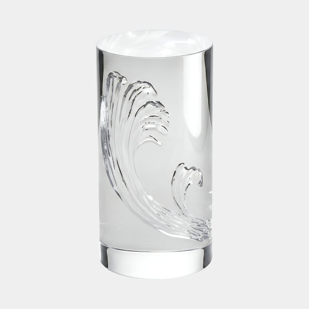 Clear Set Wave Cast Resin Column Side Table, 55cm, by Giant Sculptures, a cylindrical clear resin table with a sculpted breaking wave inside, shown on a plain white background.