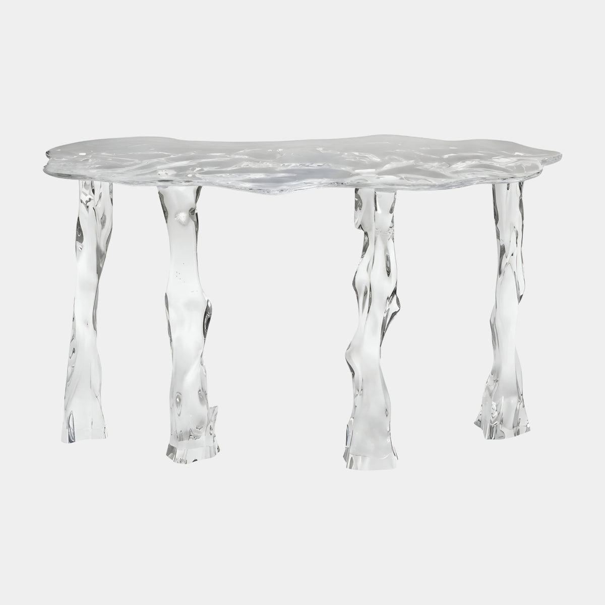 Clear Lobed Top Dripping Leg Cast Resin Console, 130cm, with a rippled lobed surface on four melting-drip resin legs, shown on a plain white background.