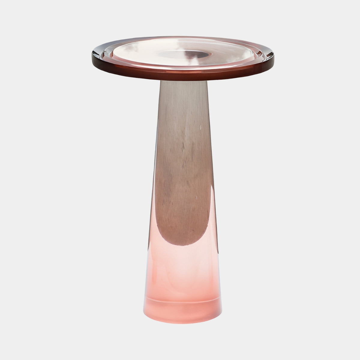 Wine to Rose Graded Cone Cast Resin Round Table, 75cm, with dished top and flared conical base fading from wine to rose, on a plain light background.