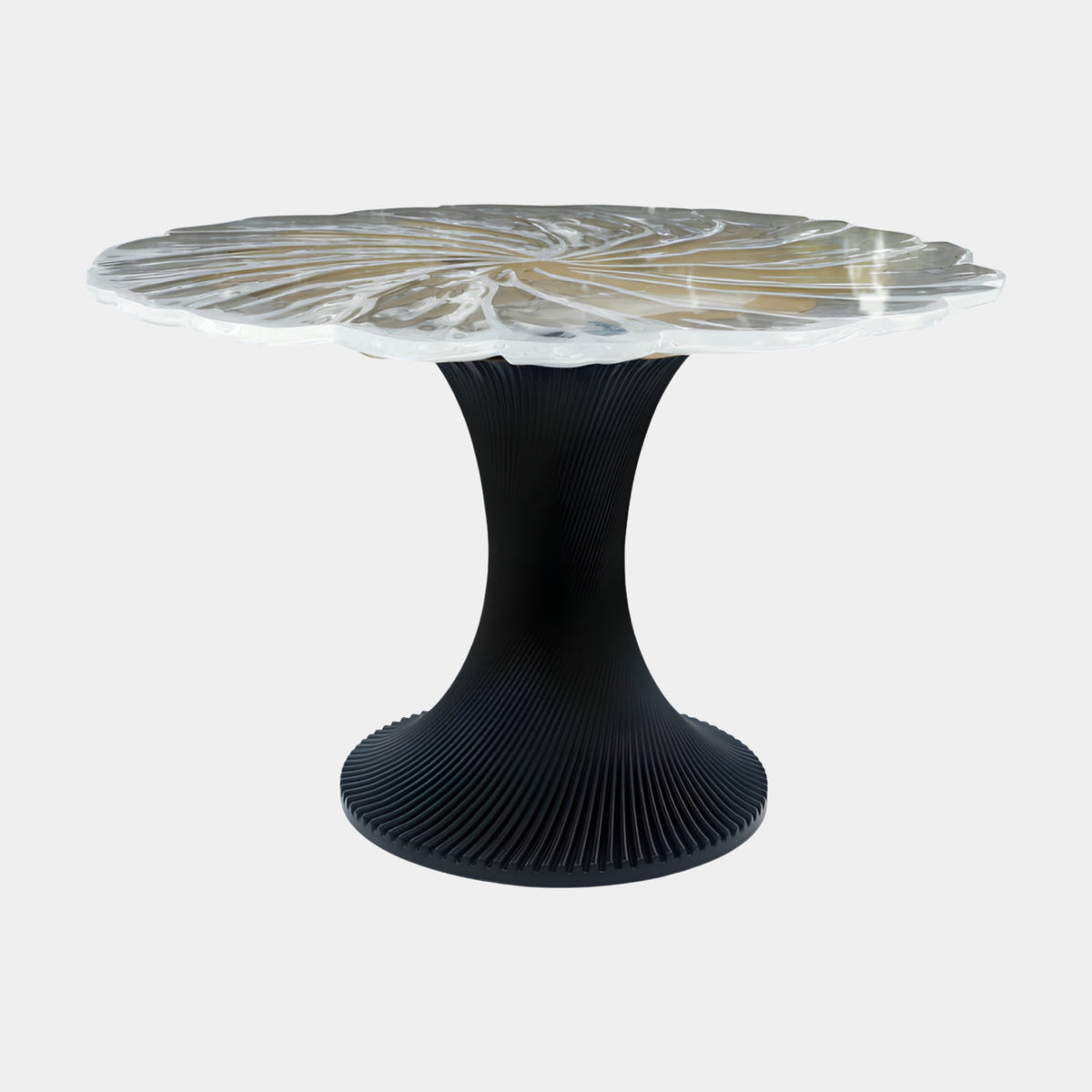 Clear Leaf Top Spiral Ribbed Pedestal Dining Table - 120cm with veined resin top on a matt black spiral-ribbed base, shown against a plain white background.