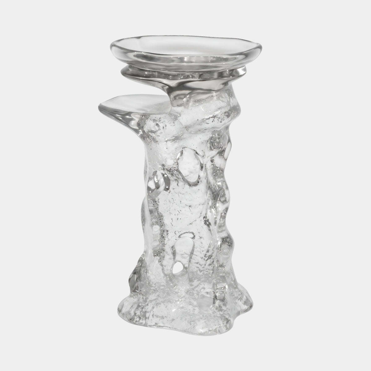 Clear Pierced Eroded Pillar Cast Resin Side Table, 72cm, textured column with a projecting ledge and oval dished top, shown on a plain white background.
