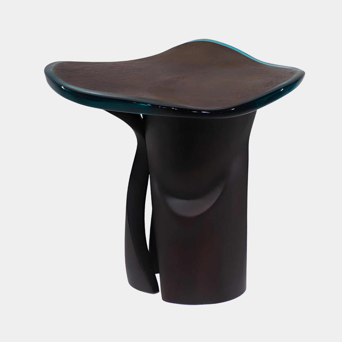 Brown Field Teal Rim Cast Resin Stool, 55cm, with a granular dark brown saddle seat edged in translucent teal and curved dark legs, on a plain white background.