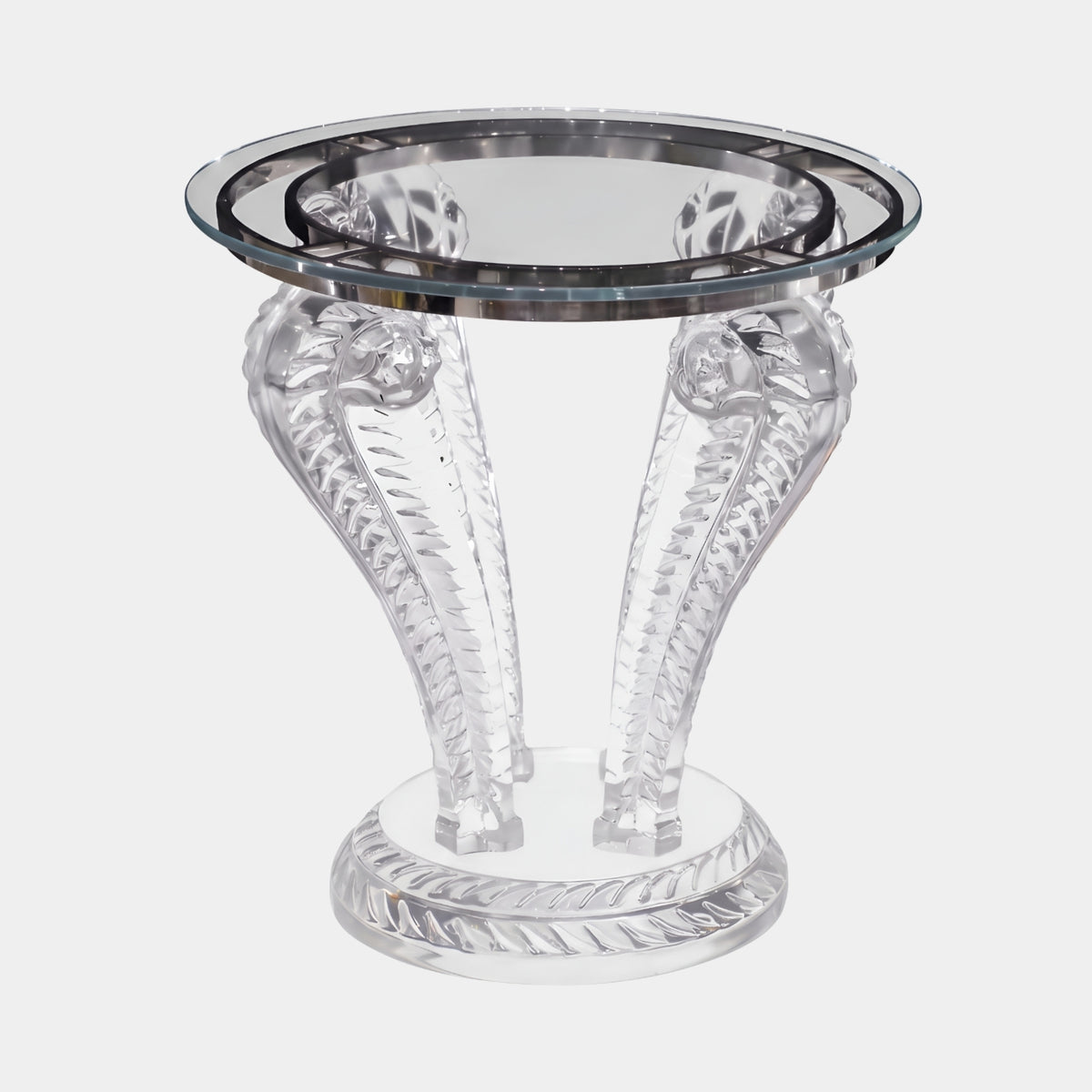 Clear Cobra Base Glass Top Cast Resin Side Table, 45cm, with three clear resin cobras supporting a round glass top on a stepped round base, shown on a plain white background.