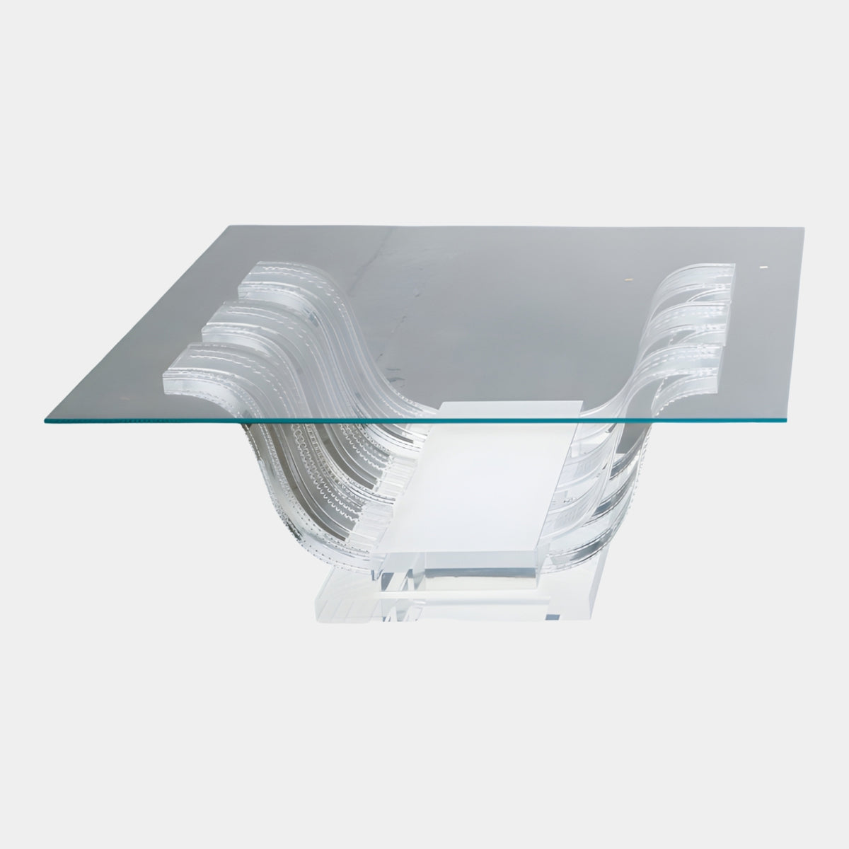 Clear Stacked Wave Base Glass Top Low Table (100cm) by Giant Sculptures, clear resin ribboned base with square glass top on a plain white background.