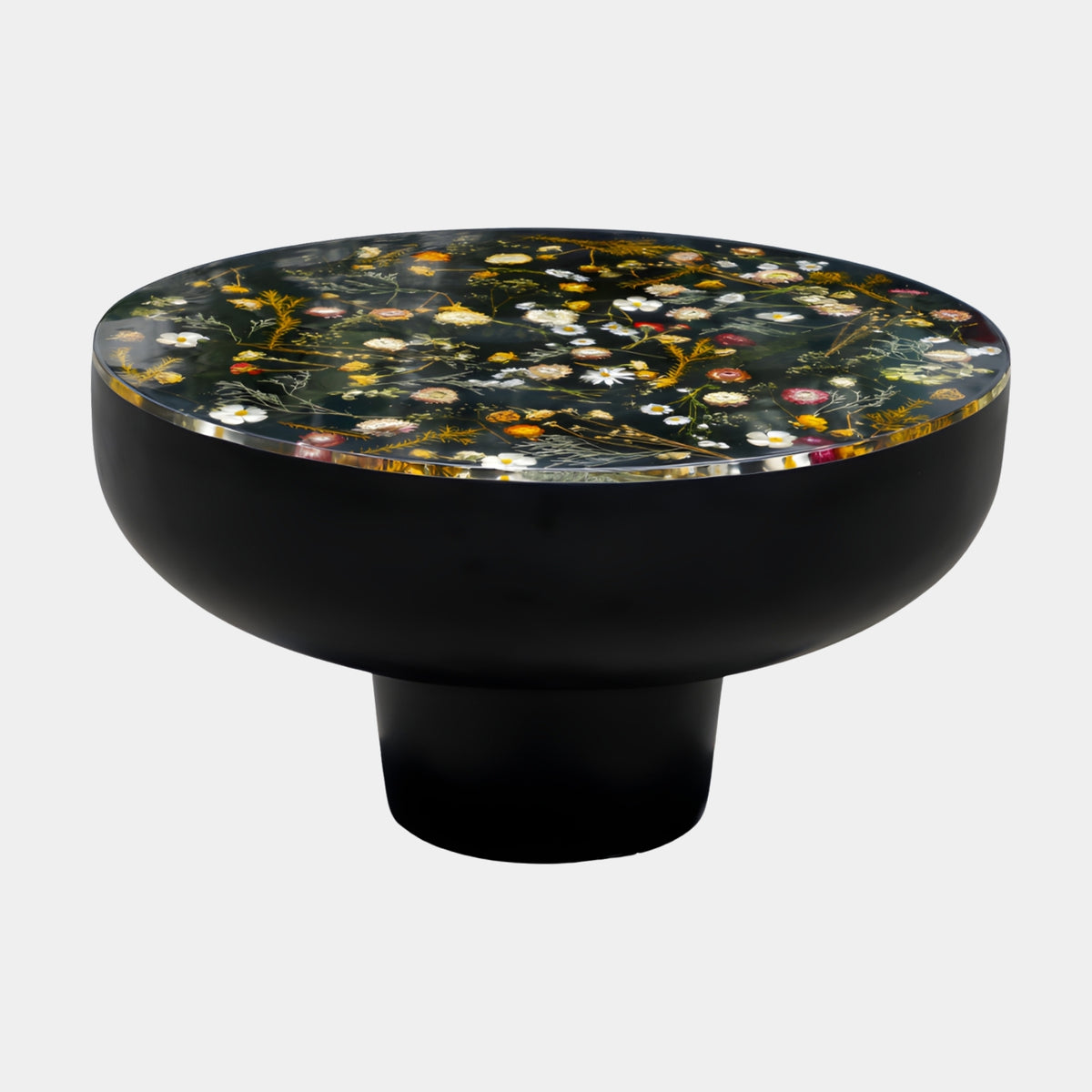 Pressed Flower Top Black Bowl Base Resin Low Table (80cm) by Giant Sculptures, clear resin top with pressed daisies and foliage on a matt black bowl-shaped base, plain white background.