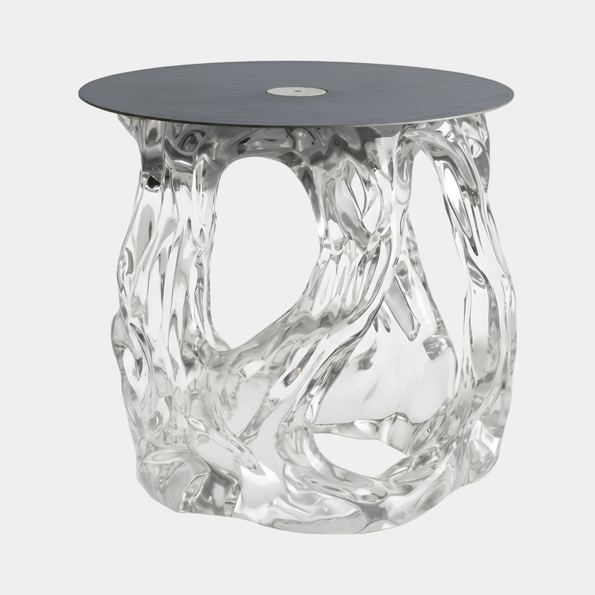 Clear Arched Ring Cast Resin Table Base, 84cm, with melting arch columns and a round grey iron plate top, shown on a plain white background.