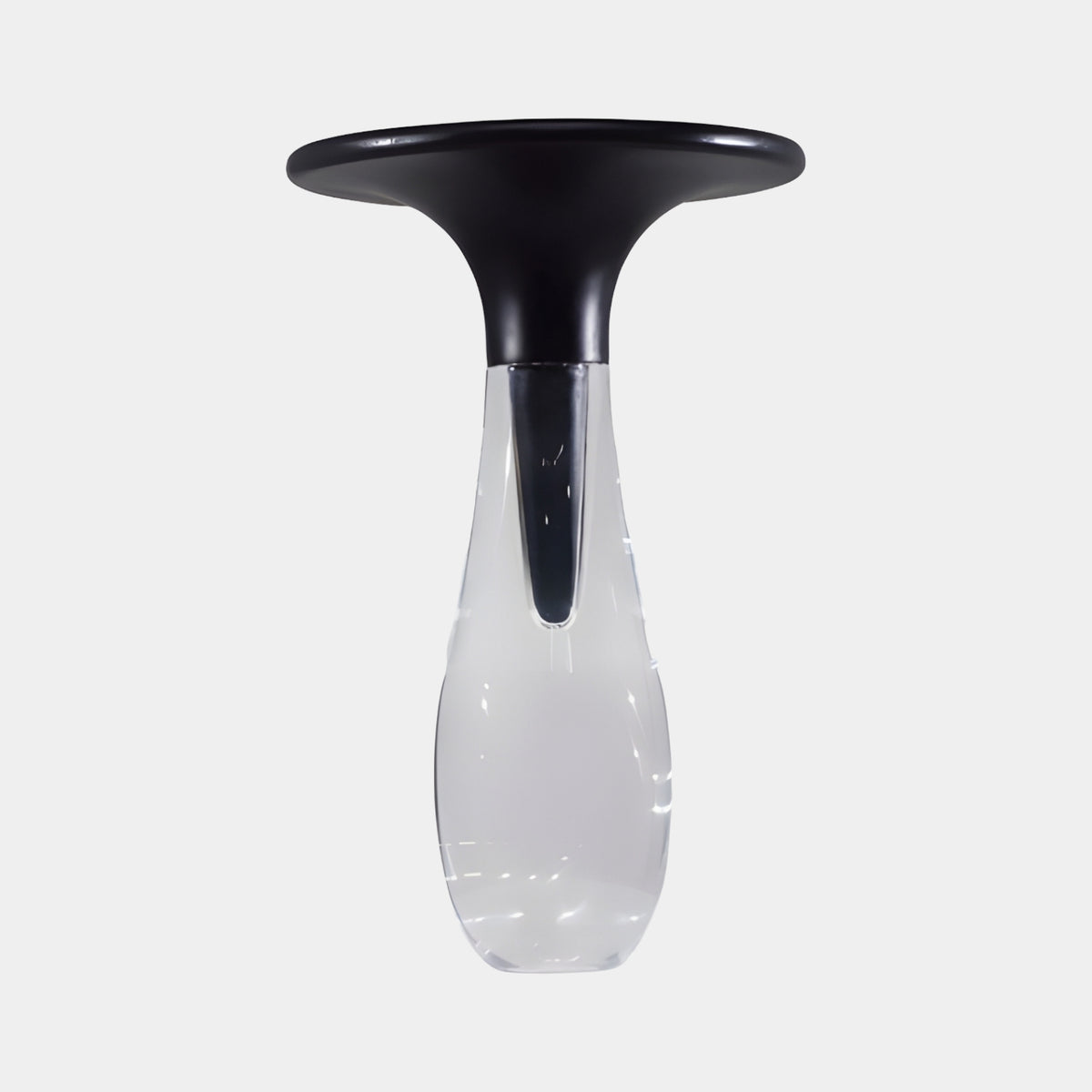 Black Timber Trumpet Top Clear Acrylic Teardrop Table, 50cm, with matte black disc and stem set into a clear acrylic teardrop base, on a plain white background.