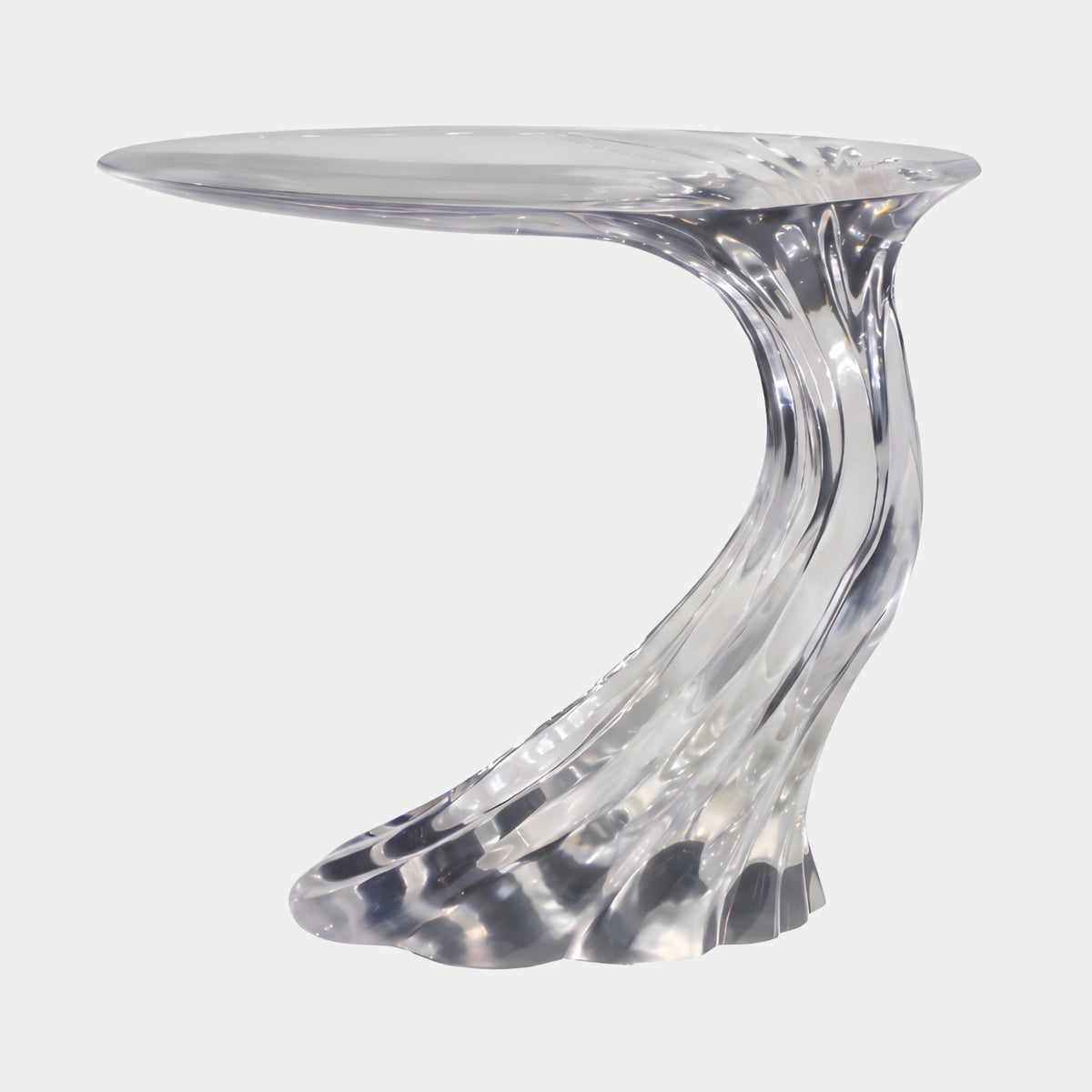 Clear Cantilevered Sweep Cast Resin Console, 90cm, with a flat oval top curving into a fluted column and flared base, shown on a plain white background.