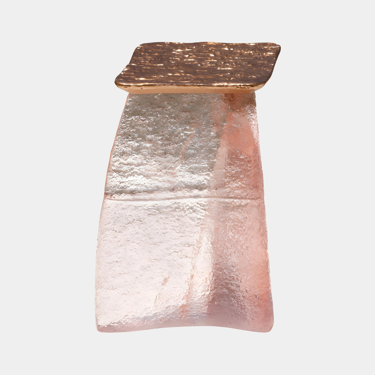Rose Frosted Block Copper Top Cast Resin Stool (46cm), a tapering frosted pink resin wedge with a hammered copper top, shown on a plain light background.