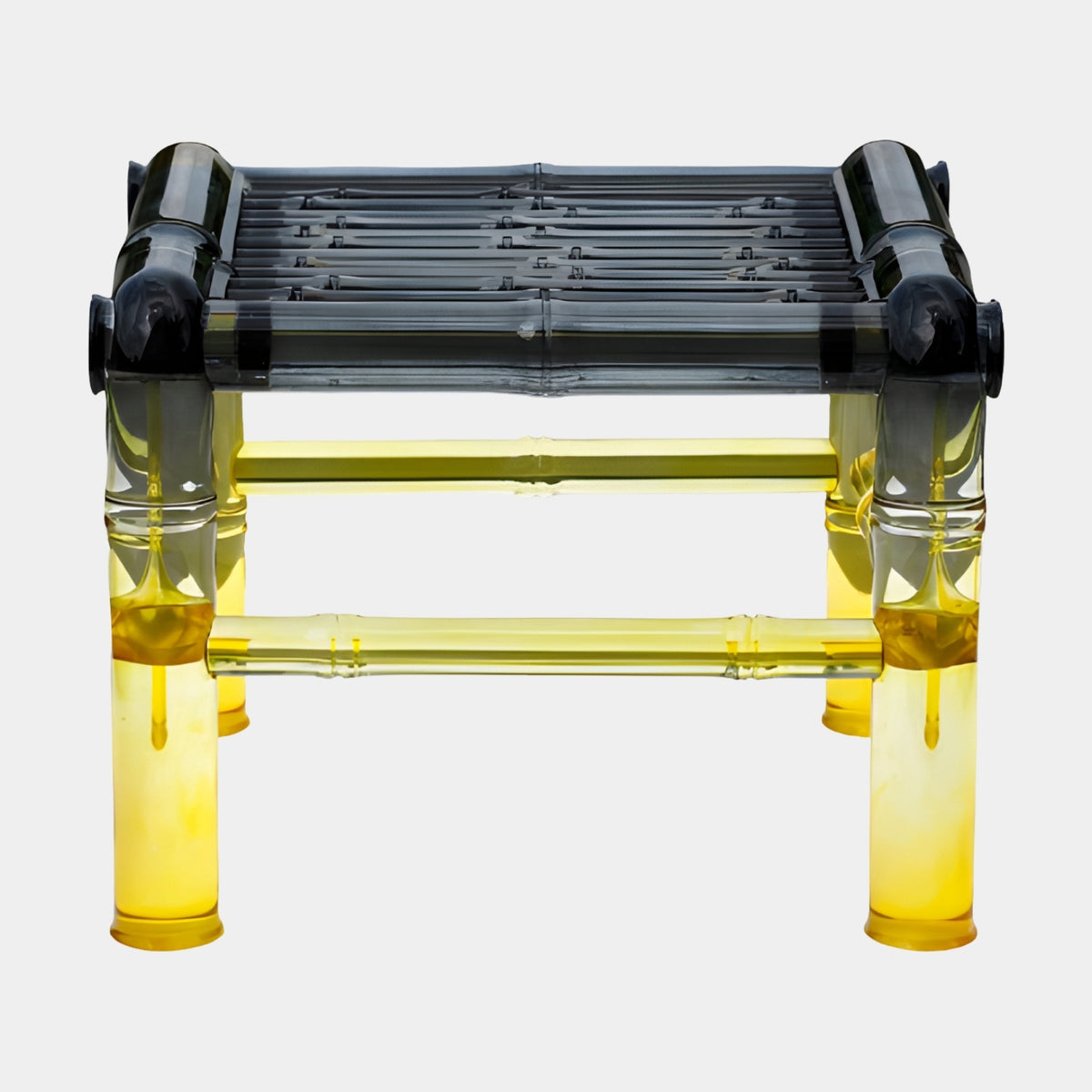 Yellow Bamboo Form Cast Acrylic Stool, 52cm, with translucent yellow bamboo-form legs and a smoke grey cane seat, shown on a plain white background.