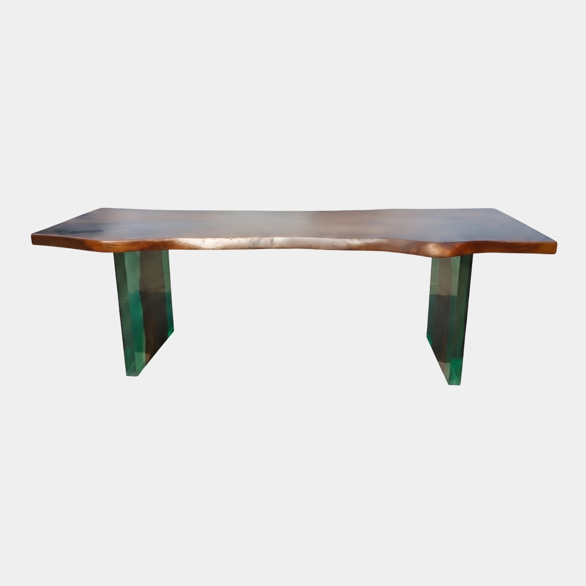 Brown Timber Slab Green Resin Leg Dining Table, 250cm, with a live-edge wood top on two translucent green resin panel legs, shown on a plain white background.