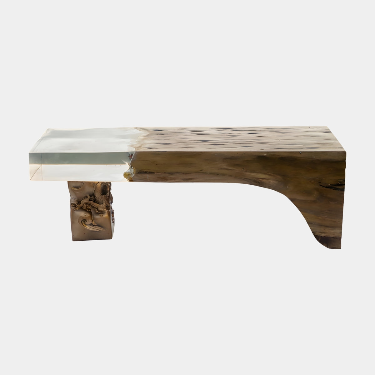 Timber & Clear Resin Gilt Pedestal Bench, 120cm, with a wood seat meeting a clear resin end on a carved gilded pedestal, shown on a plain white background.