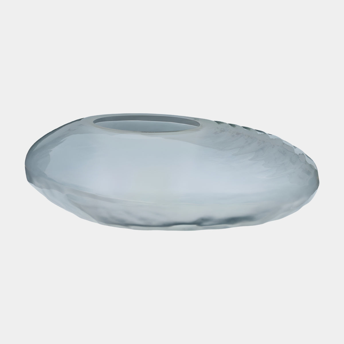 Frosted Pebble Form Resin Low Table in translucent grey, water-worn oval shape with dimpled flanks and an offset circular well, shown on a plain white background.