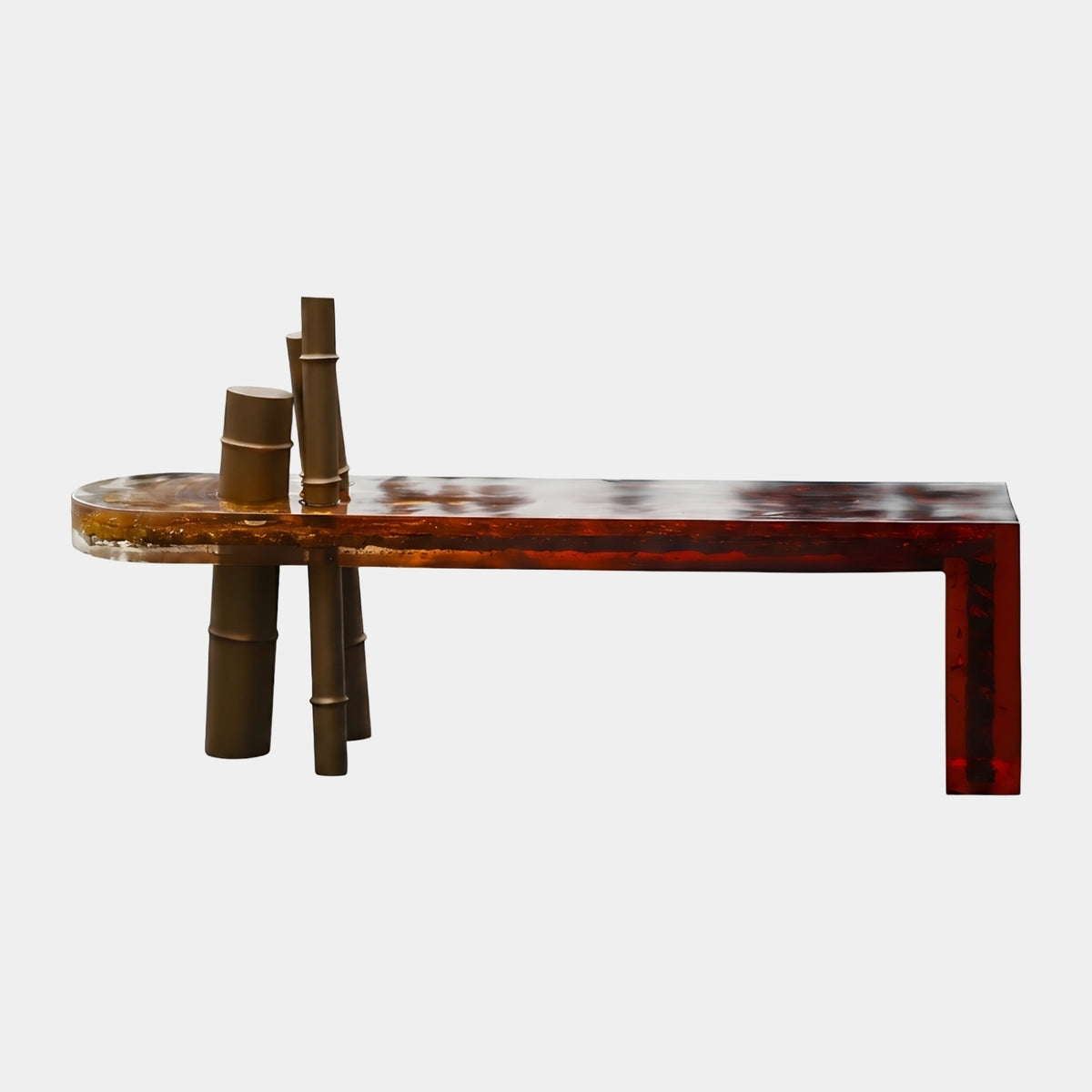 Amber Slab Triple Gold Cane Resin Console, 140cm, with amber-to-red resin top, gilded cane legs rising above the surface, and a squared resin leg, on a plain white background.