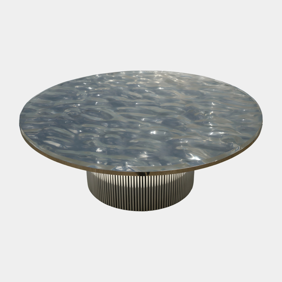 Clear Pebbled Disc Fluted Steel Drum Table - 100cm with a rippled resin top on a mirror-polished, fluted stainless steel drum base, shown on a plain white background.